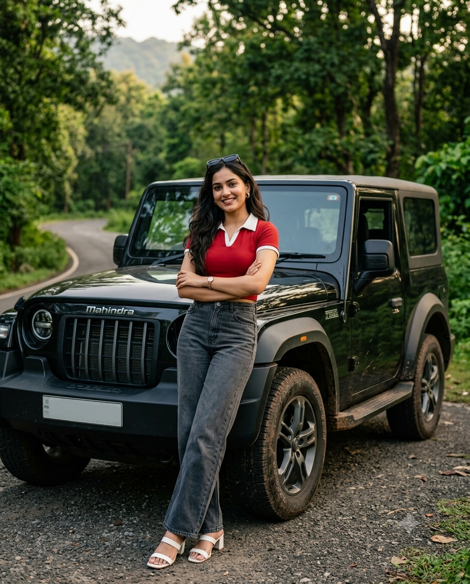 Stylish Indian Woman with Black Mahindra Thar – Automotive Lifestyle Portrait