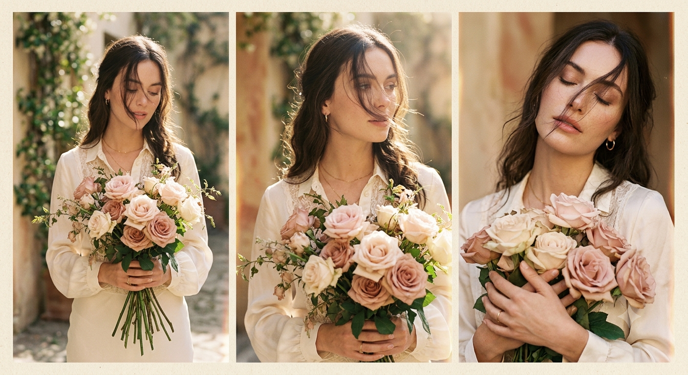 Romantic Cinematic Rose Portrait – Multi-Frame Photography Prompt