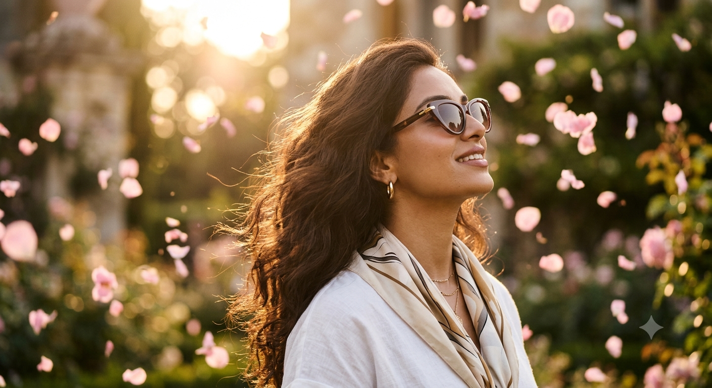 Golden Hour South Asian Fashion Portrait with Floating Pink Petals