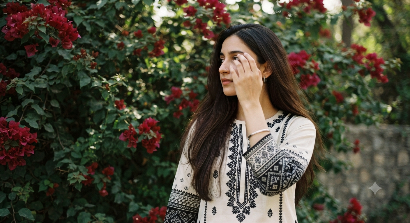 Off-White Embroidered Kurti Outdoor Portrait AI Prompt