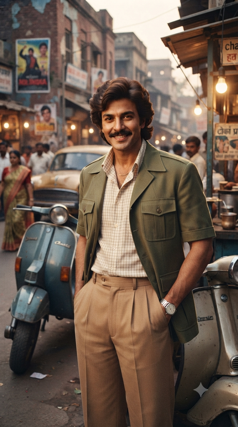 Authentic 1980s Indian Retro Man Portrait AI Prompt