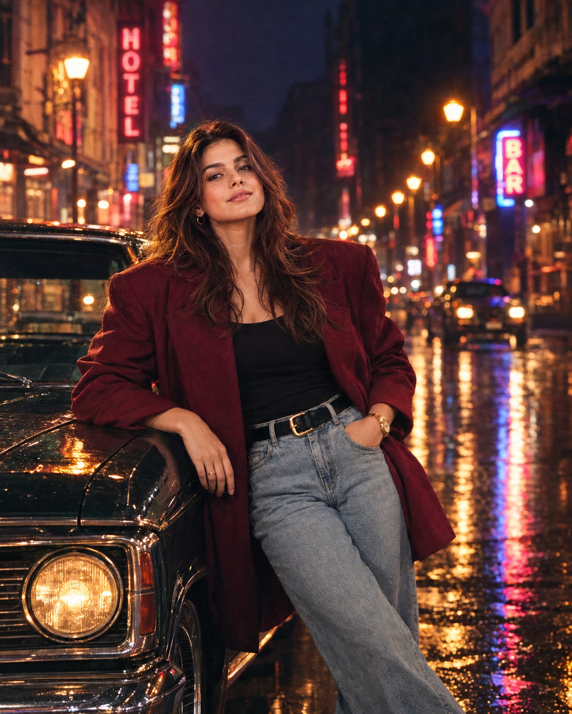 1980s Bollywood Retro Night Portrait – Vintage Car & Cinematic Style